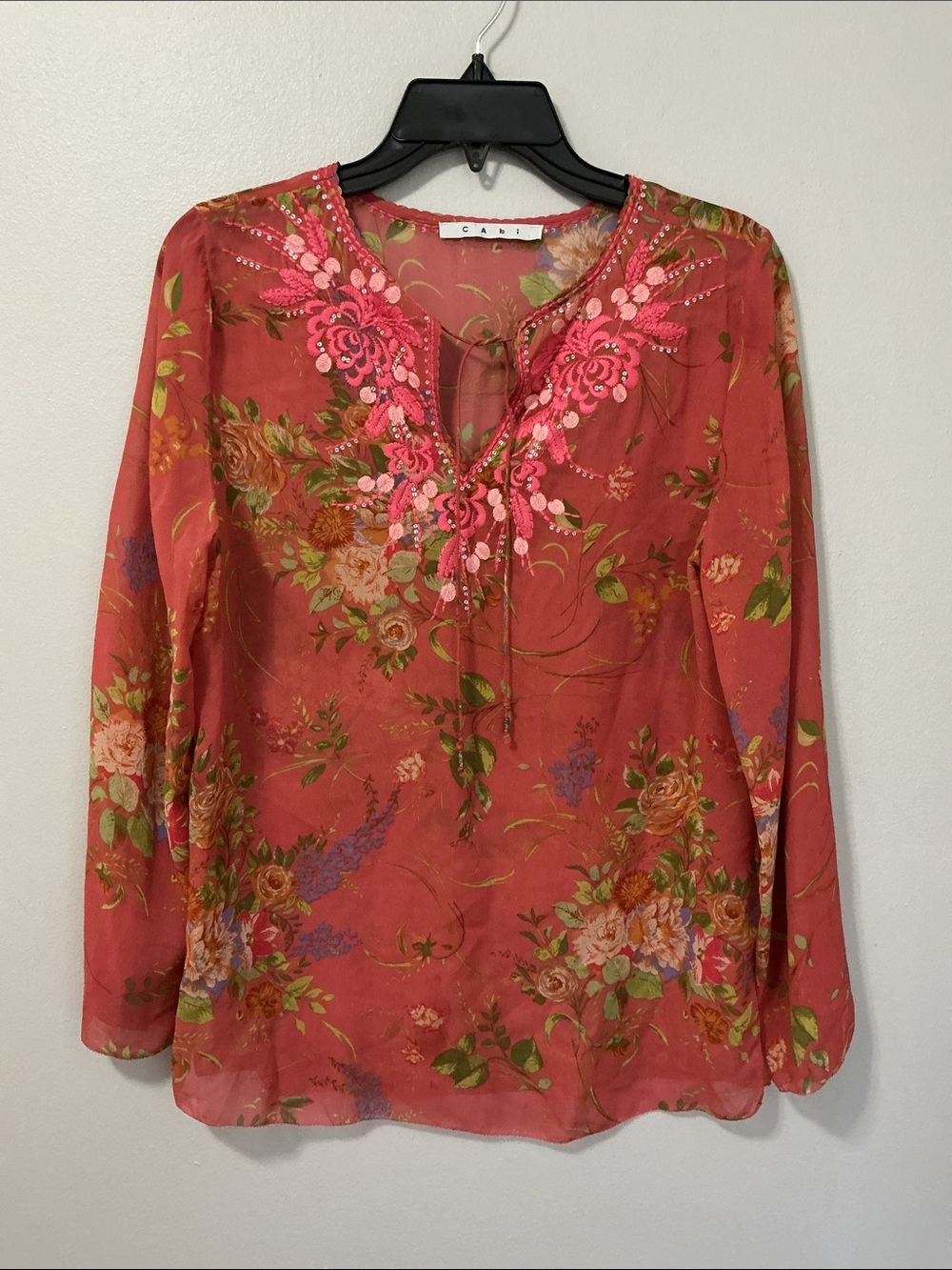 CAbi #588 Sheer Silk Floral Embroidered Fairy European Coquette Top Small